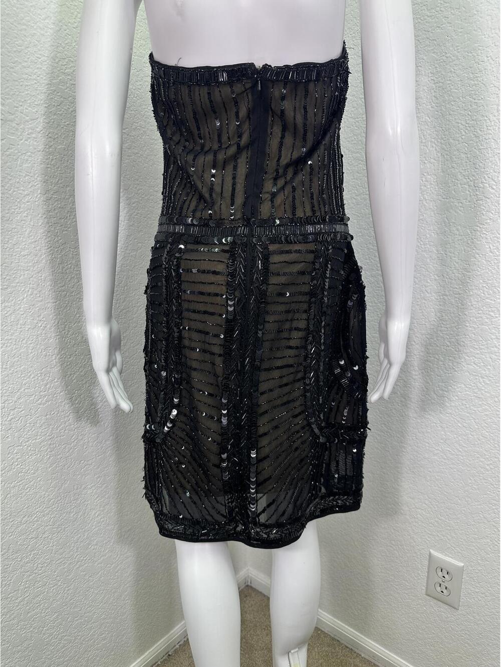 Sz L Sovage Black Beaded Sequin Strapless Flapper Dress Art Deco Gothic - Picture 6 of 7